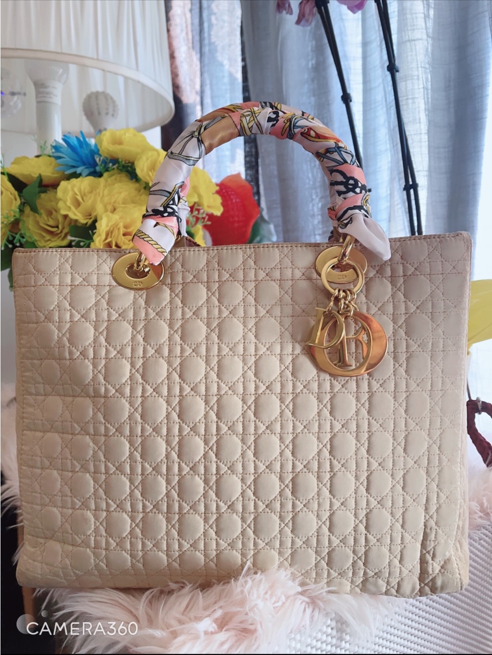 Dior Beige Quilted Tote with Gold Charms and Patterned Handle Wrap - Picture 7 of 10